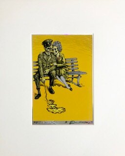 World War 3 Couple (yellow) Emek silkscreen on foil 16 x 13 x 1 (framed) SOLD