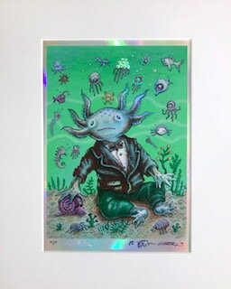 Lil’ Axolotl on His Playdate (blue) Emek silkscreen on foil 16 x 13 x 1 (framed) SOLD