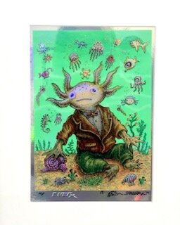 Lil’ Axolotl on His Playdate (yellow) Emek silkscreen on foil 16 x 13 x 1 (framed) $125