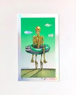 Waiting for the Flood Emek silkscreen on foil 16 x 13 x 1 (framed) $125