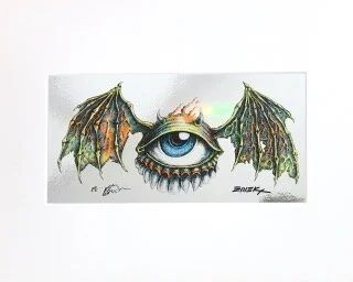Eyebat Emek silkscreen on foil 13 x 16 x 1 (framed) $125