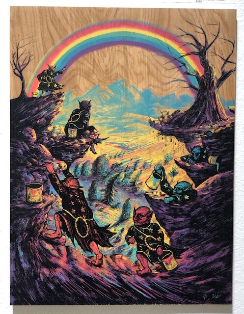 Desaturated Seven Zeb Love 5 color silk screen on birch panel 24 x 18 x 3 (framed) $350