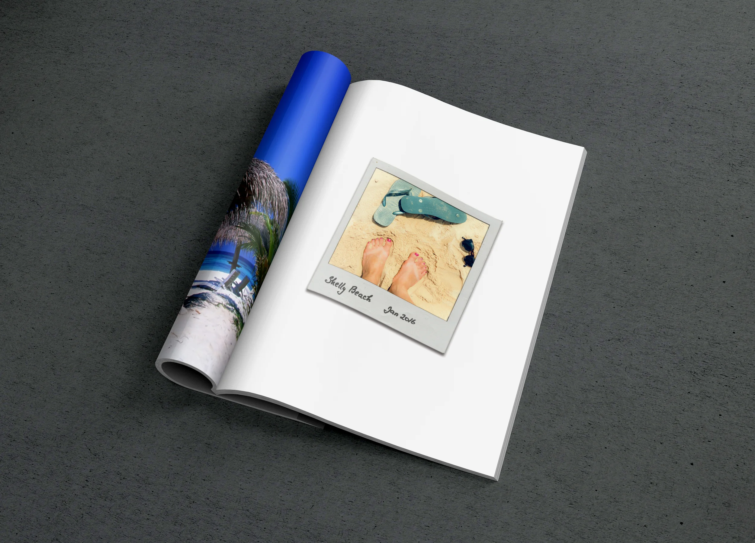 Each print ad has a real Polaroid attached to the page.