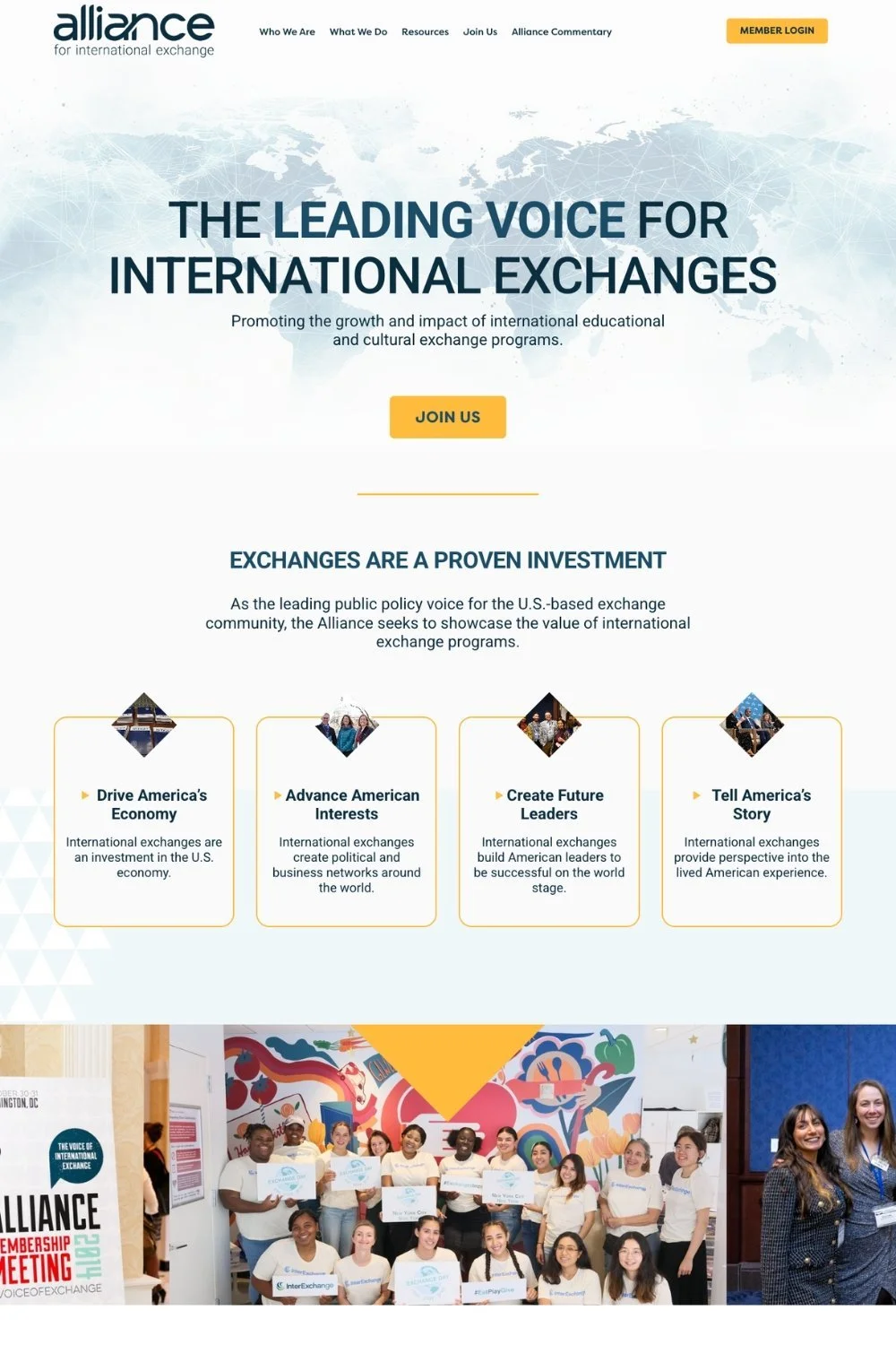A group of young people at an event, holding signs that say 'Voice for Exchange,' standing in front of colorful artwork. The webpage above promotes international exchanges and features a call to action to join.