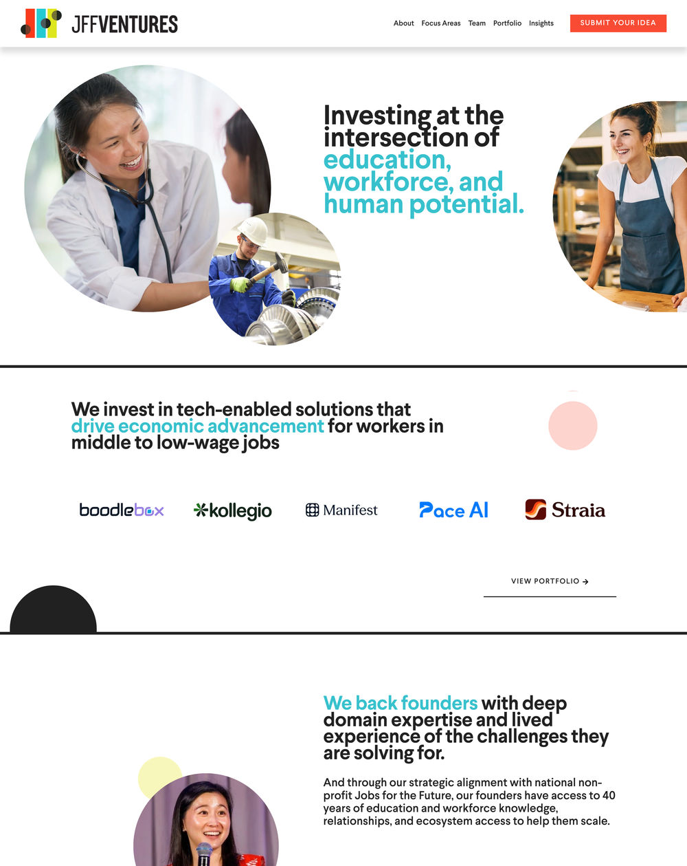 Screenshot of a website for JFVentures showing images of diverse workers and professionals, with sections about investing in technology solutions to promote education, workforce development, and human potential.
