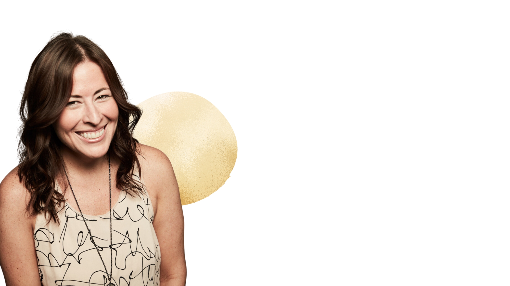 Sadie K Cornelius, wearing a sleeveless cream top with black script patterns and a long black necklace, standing in front of a plain black background with a beige decorative circle.