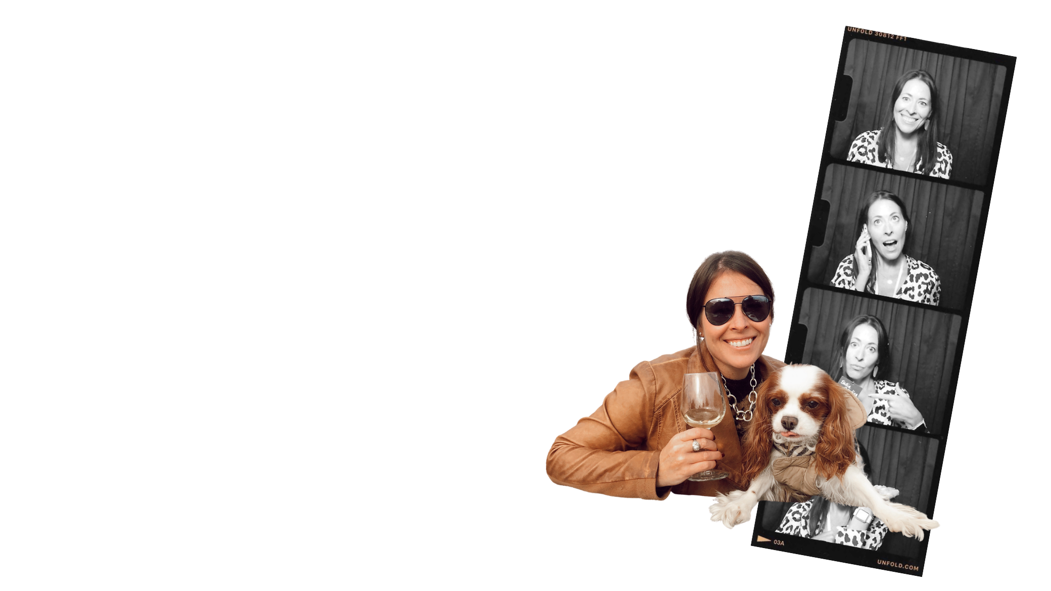 Sadie K Cornelius with sunglasses holding a wine glass and her dog, with a photo booth strip showing three pictures of a woman making surprised faces.