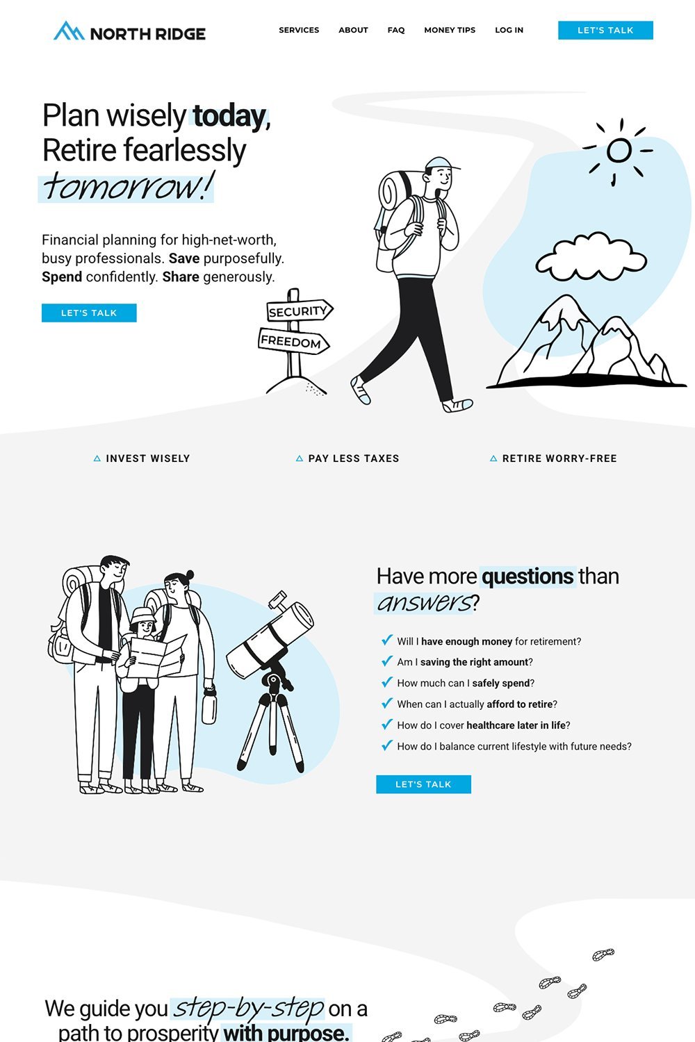 A webpage for North Ridge financial planning featuring a hiker illustration walking towards mountains and the sun, with signposts reading 'Security' and 'Freedom'. The page promotes wise financial planning for retirement, with sections on investing, taxes, and health. Black and blue accents on a white background.