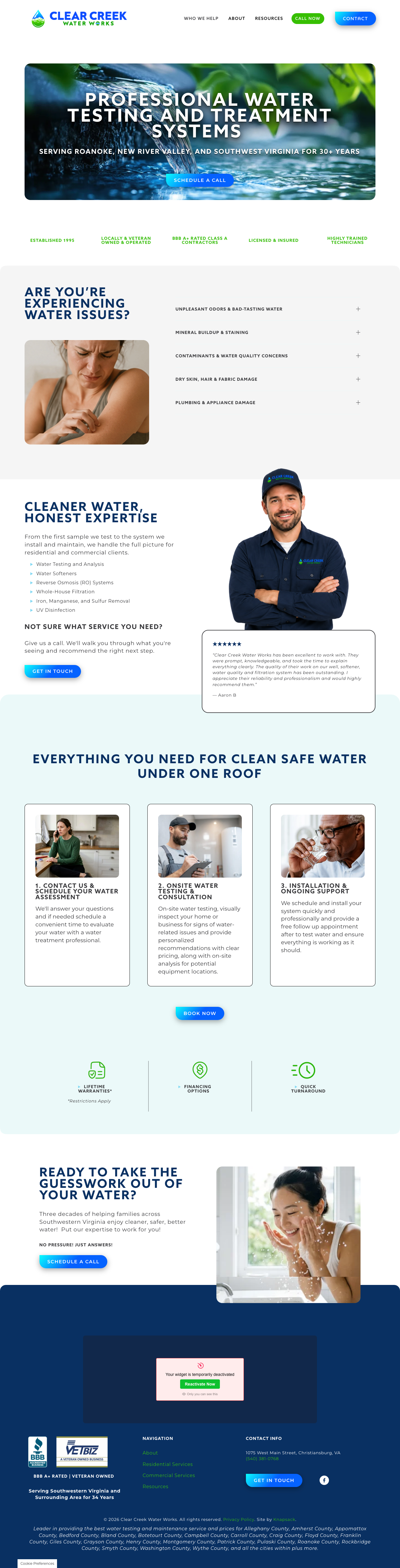 Screenshot of Clear Creek Water Works homepage: professional water testing and treatment services for Roanoke, New River Valley, Southwest Virginia. Features sections on water issues, services, and contact info, with images of a woman and a technician.