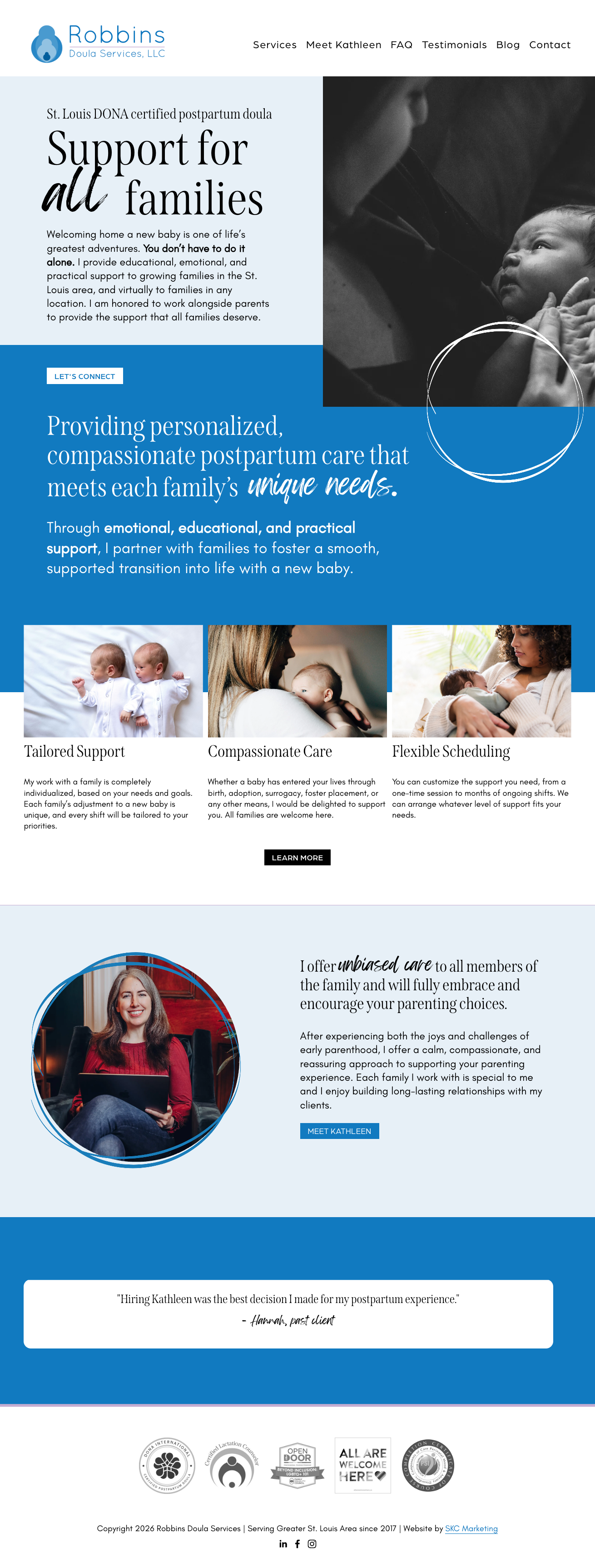 Website homepage for Robbins Doula Services, LLC, featuring services for postpartum care with sections about tailored support, compassionate care, flexible scheduling, and a meet Kathleen button. There are images of babies and a woman holding a newborn, and a quote from a past client.
