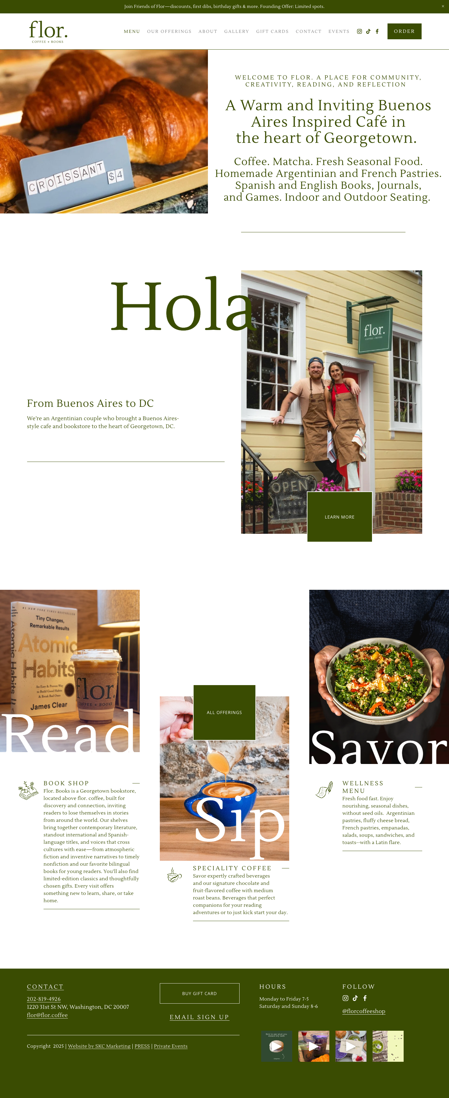 The webpage features a cafe named Flor, with images of croissants, a book on atomic habits, a coffee drink, and a fresh salad. The design uses green and white colors, highlighting outdoor seating, local offerings, and community connection.