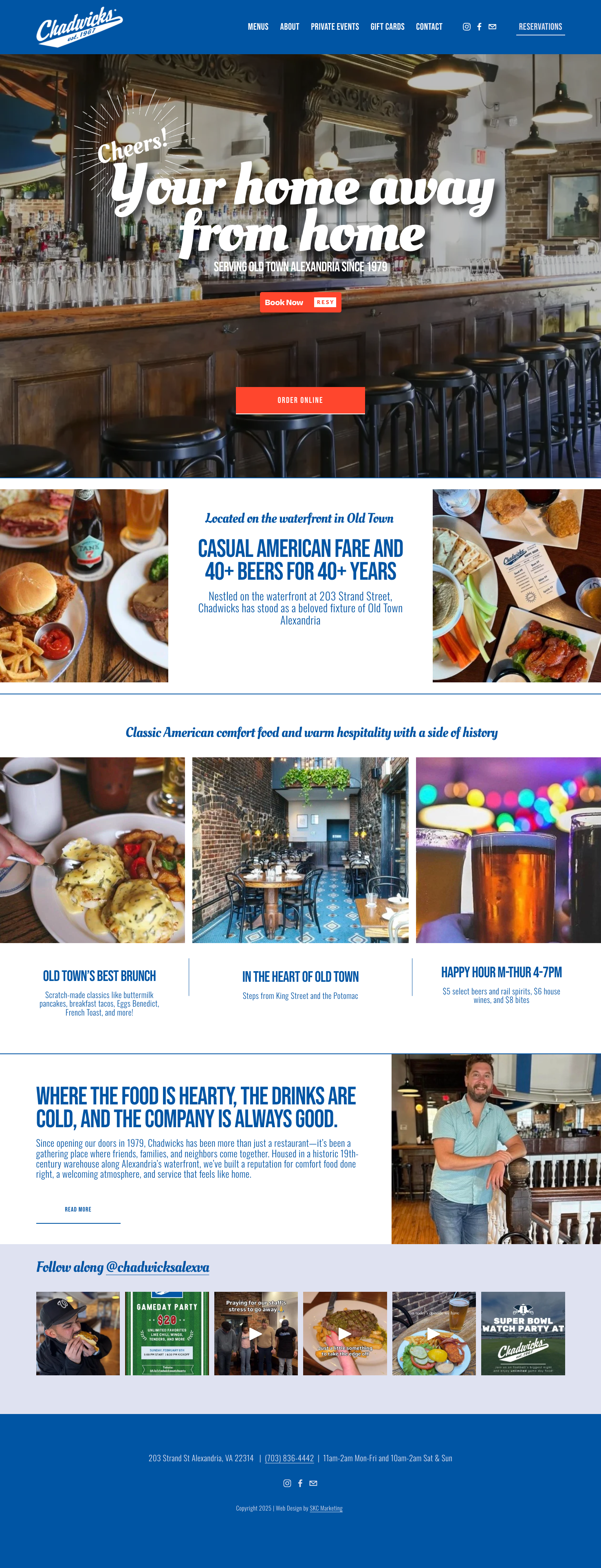 Homepage of Chadwicks restaurant website featuring a bar interior, images of food and drinks, and information about the restaurant located in Old Town Alexandria.