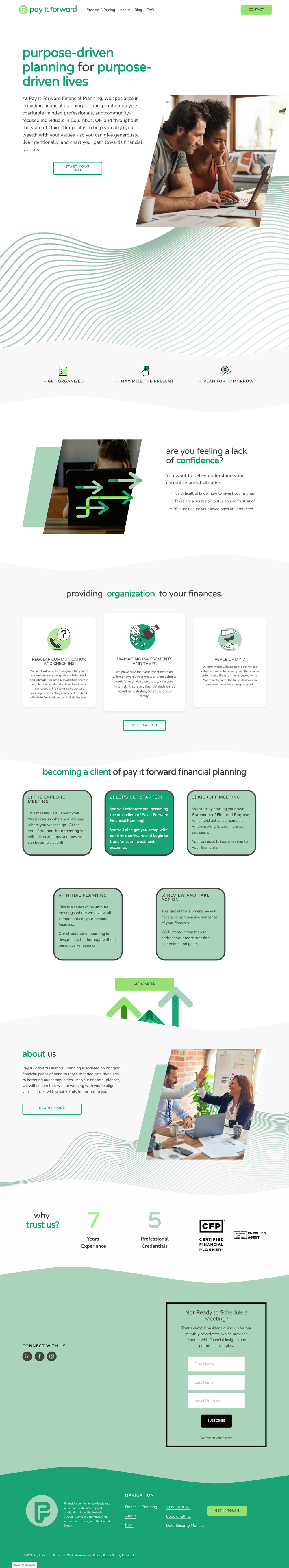 Website homepage for 'Pay It Forward' financial planning service, featuring a header, a picture of a diverse group of two individuals working together on a laptop, sections explaining services, client process steps, about us info with a photo, trust statistics, and a contact form for scheduling meetings, all in green and white color scheme.