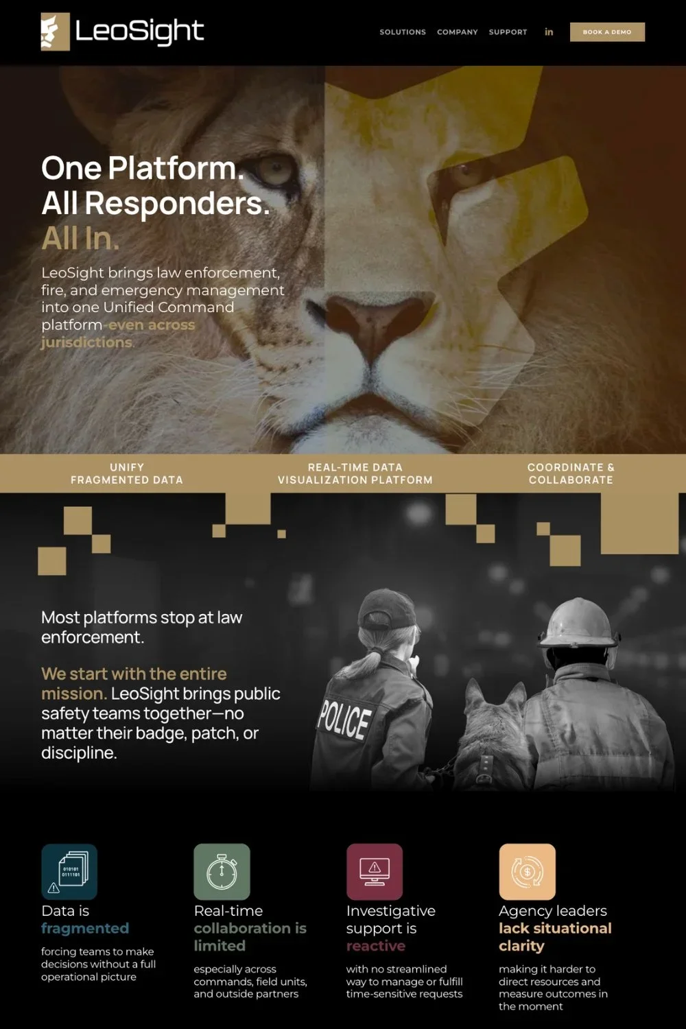 LeoSight website homepage with a lion's face and a cheetah's face overlayed, highlighting a unified platform for law enforcement, fire, and emergency management, with sections on data, real-time collaboration, and coordination.