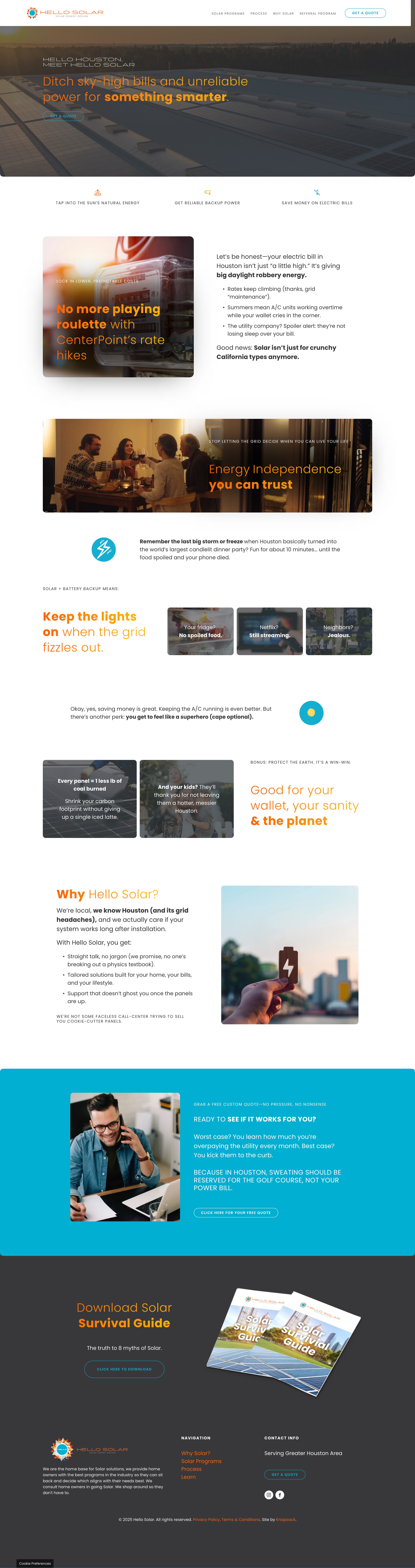 Web page promoting solar energy and electric power solutions, featuring images of solar panels, a person using a phone, and a solar survival guide, with text about energy independence, cost savings, and environmental benefits.