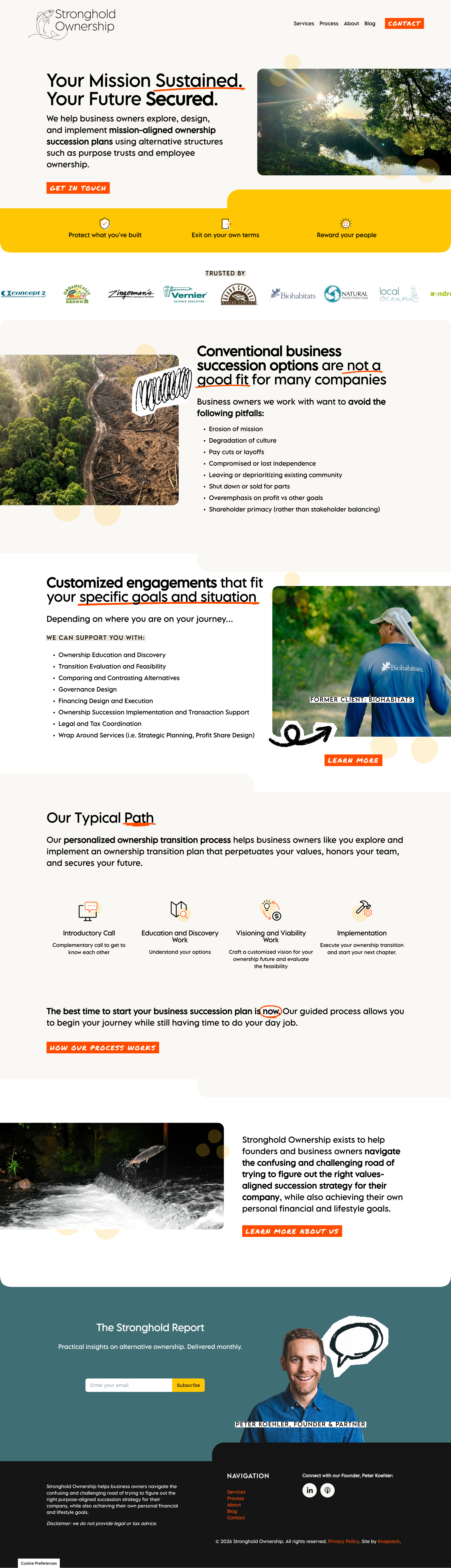 A website homepage for Stronghold Ownership, detailing mission-driven business succession planning services, including sections on options, engagement, process, and client support, with images of nature, a river, and a smiling man in a blue shirt.