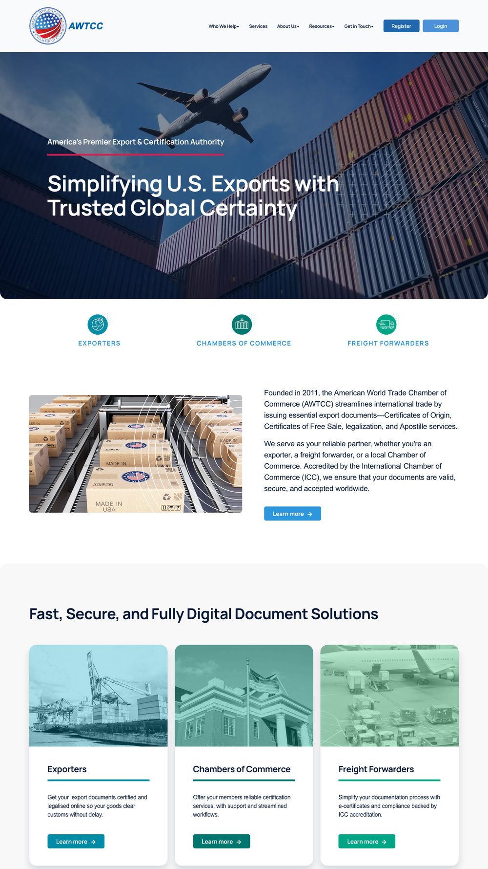 Homepage of the American World Trade Chamber of Commerce (AWTCC) featuring an airplane flying over shipping containers, with sections about export documentation and international trade services.
