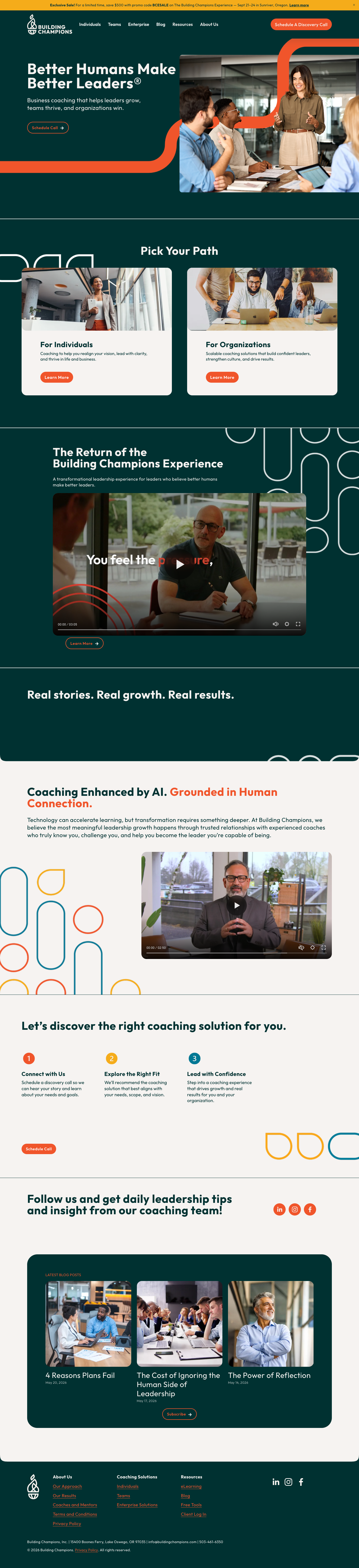 A website homepage for Building Champions, featuring a header with navigation links, a main header with the slogan 'Better Humans Make Better Leaders,' an image of a woman speaking to a group, sections for selecting coaching paths for individuals or organizations, a video testimonial, and information about coaching services and resources.