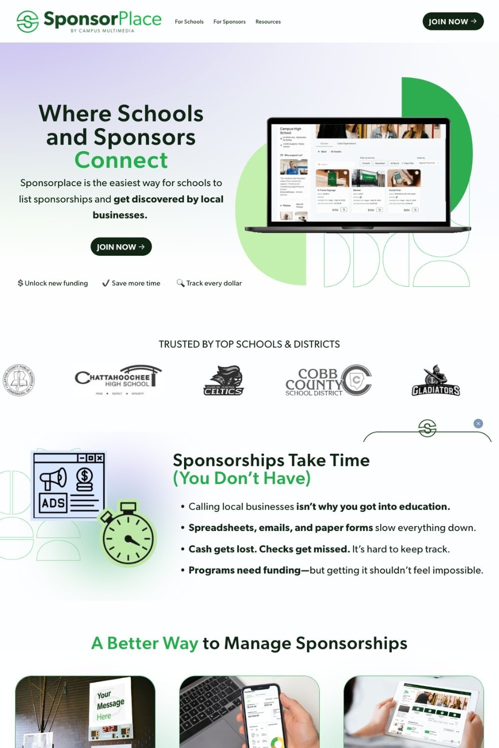 Screenshot of SponsorpLace website featuring a green and white theme, a laptop displaying sponsorship listings, logos of top schools and districts, and icons representing advertising and time management.