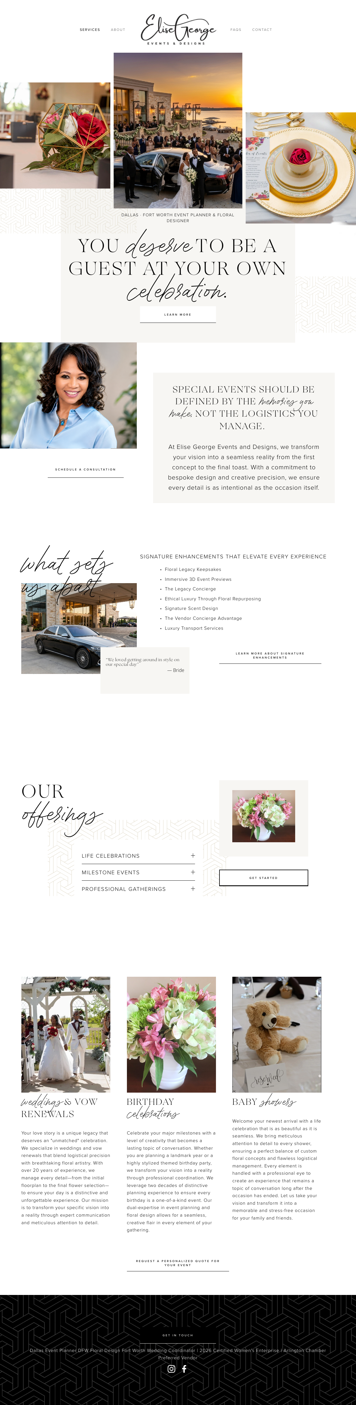 Website homepage for Elise George Events, a Dallas Fort Worth event planner and floral designer, featuring images of wedding setups, floral arrangements, a luxury car, and cupcakes, with black and white elegant design elements.