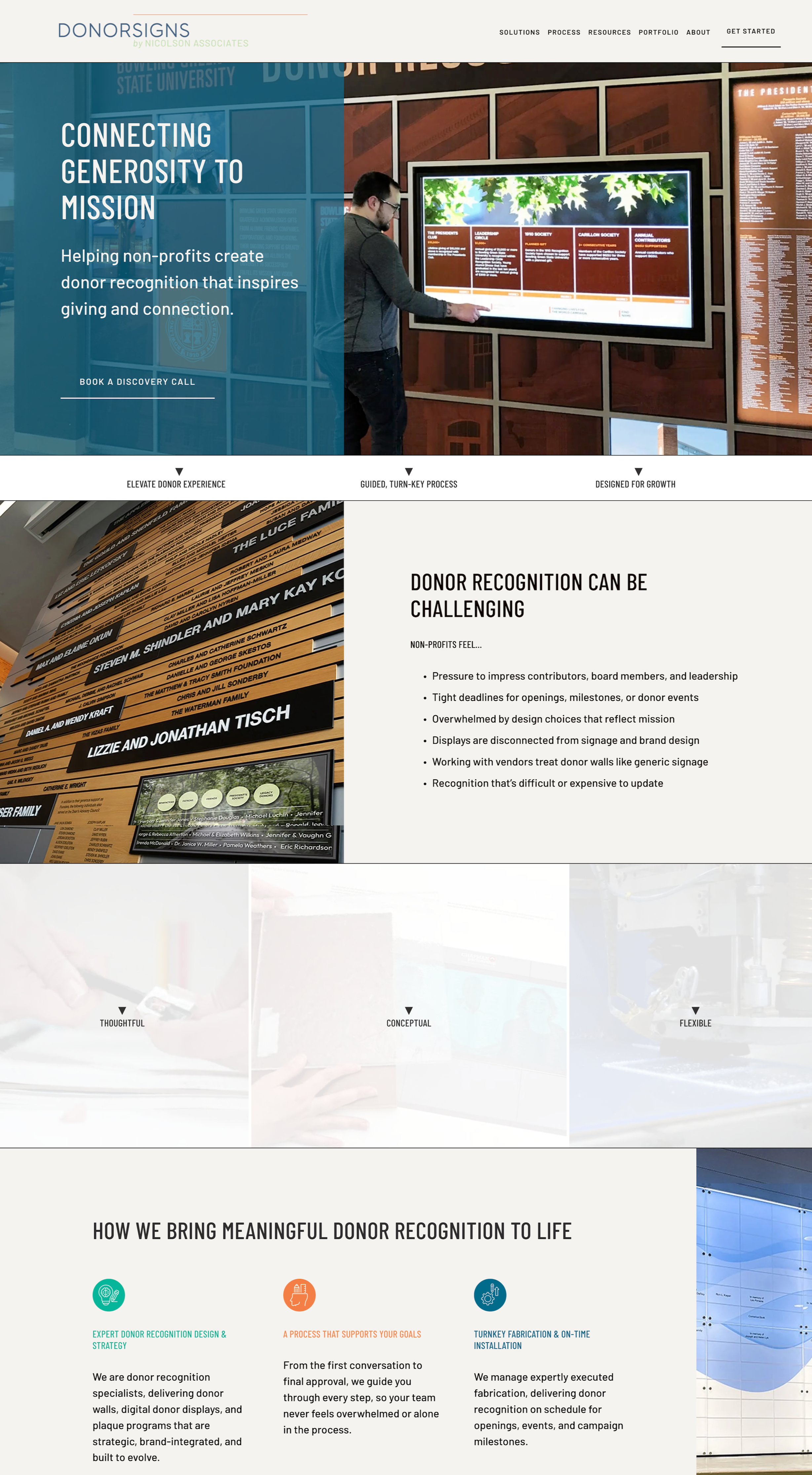 A website homepage for DonorSigns by Nicolson Associates features a man interacting with a digital display in a public space. The page highlights the importance of donor recognition, with sections discussing challenges and solutions for non-profit recognition efforts, including signage and donor walls.