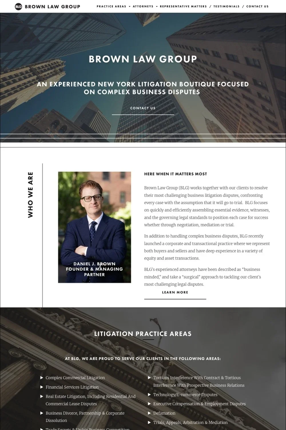 A webpage for Brown Law Group featuring a cityscape background, a photo of Daniel J. Brown, and sections detailing litigation practice areas and firm information.