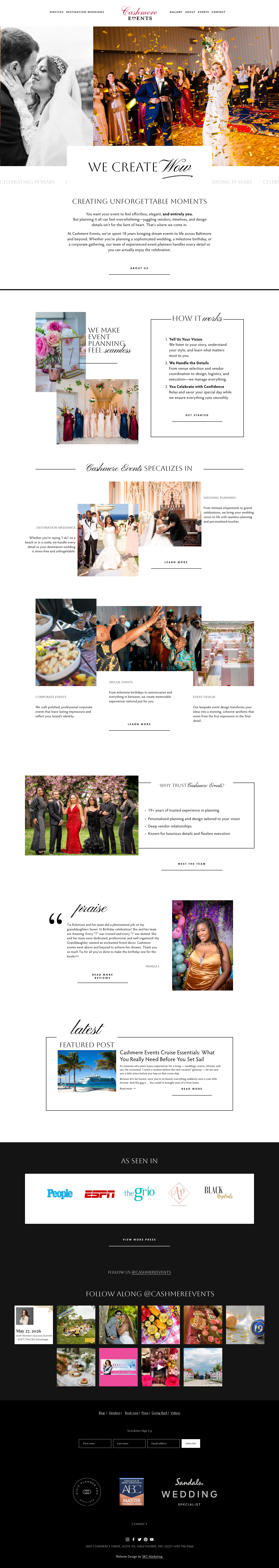 An event planning website featuring images of wedding celebrations, including a couple's close-up, a lively dance floor with confetti, floral arrangements, guests dancing, and wedding ceremonies, with sections describing services and latest blog posts.