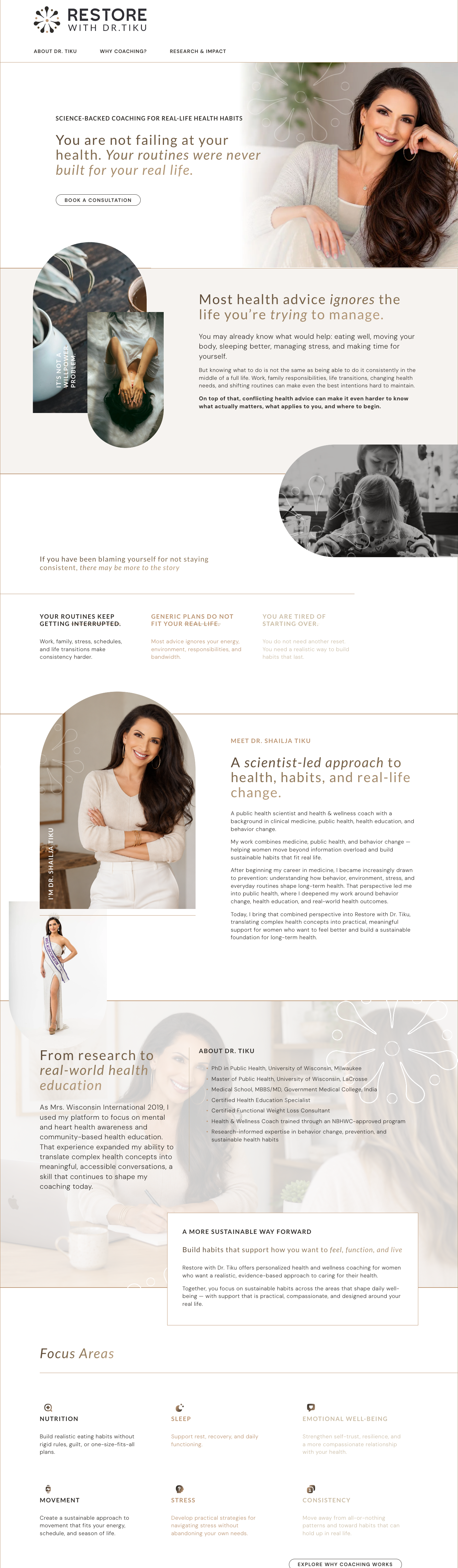 Homepage of Restore with Dr. Tiku, featuring a smiling woman with long brown hair, a young girl, and sections about health coaching and research in health habits.