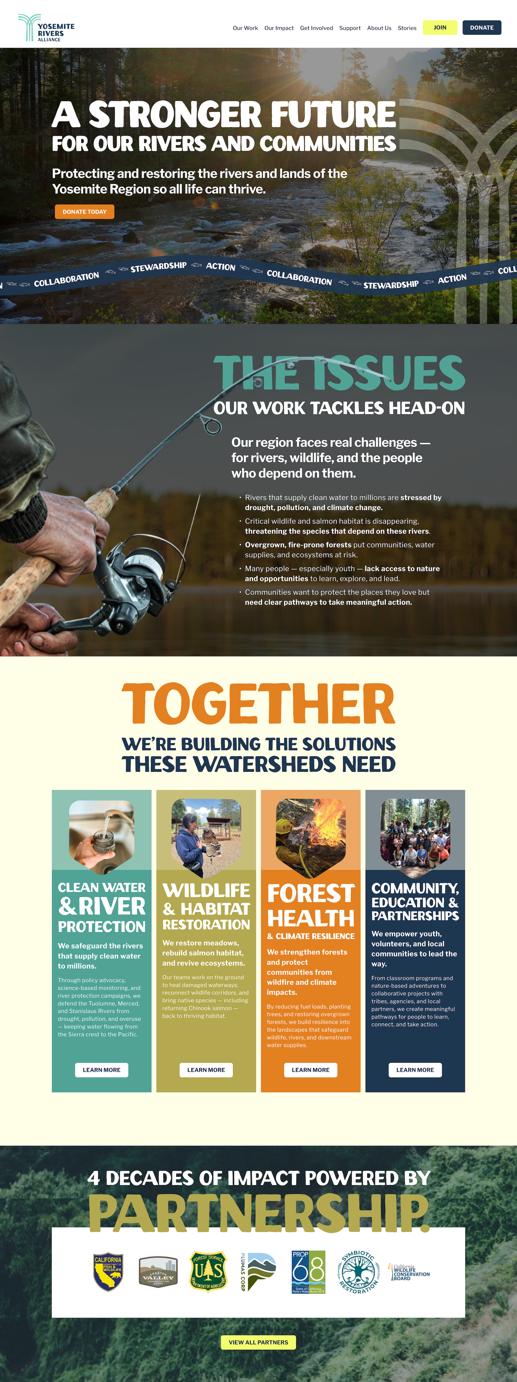 A website homepage for the Yosemite Rivers Alliance featuring a scenic river landscape with trees and sunlight filtering through, promoting river and watershed protection efforts.