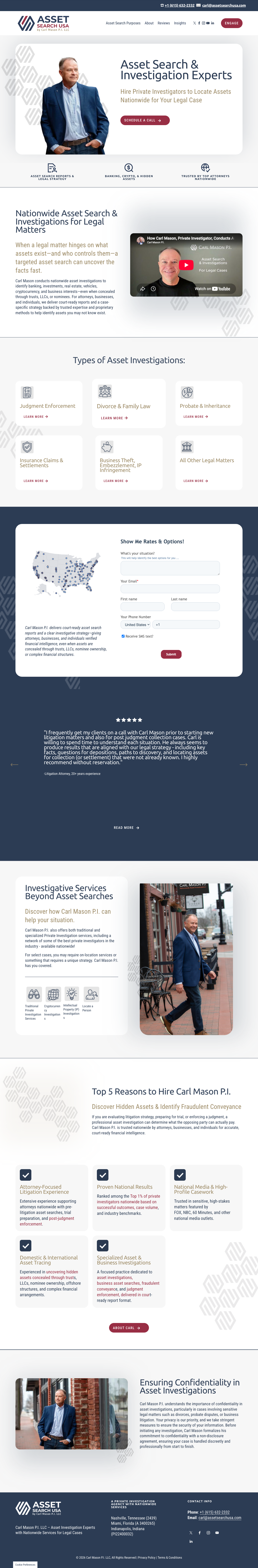 Homepage of Asset Search USA featuring a man in a suit, navigation menu, services offered, a video thumbnail, map, and contact information.
