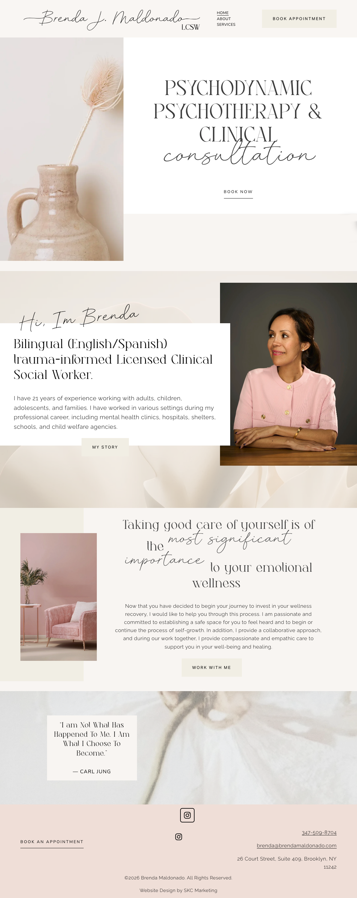 A website homepage for Brenda J. Maldonado, a bilingual clinical social worker. The page features a minimalist design with soft neutral tones, an image of a beige vase with a dried pampas grass, a portrait of Brenda Maldonado wearing a pink blazer, and text about her services in psychodynamic psychotherapy and clinical consultation.