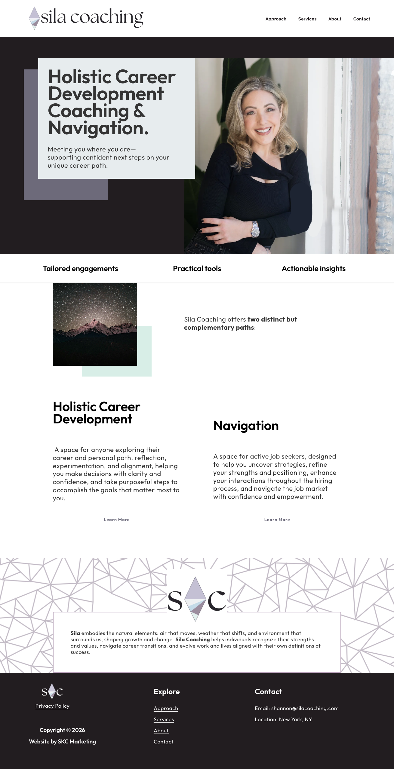 Screenshot of Sila Coaching website featuring a smiling woman with blonde hair wearing a black top, standing indoors near a window, with navigation options and information about career development coaching.