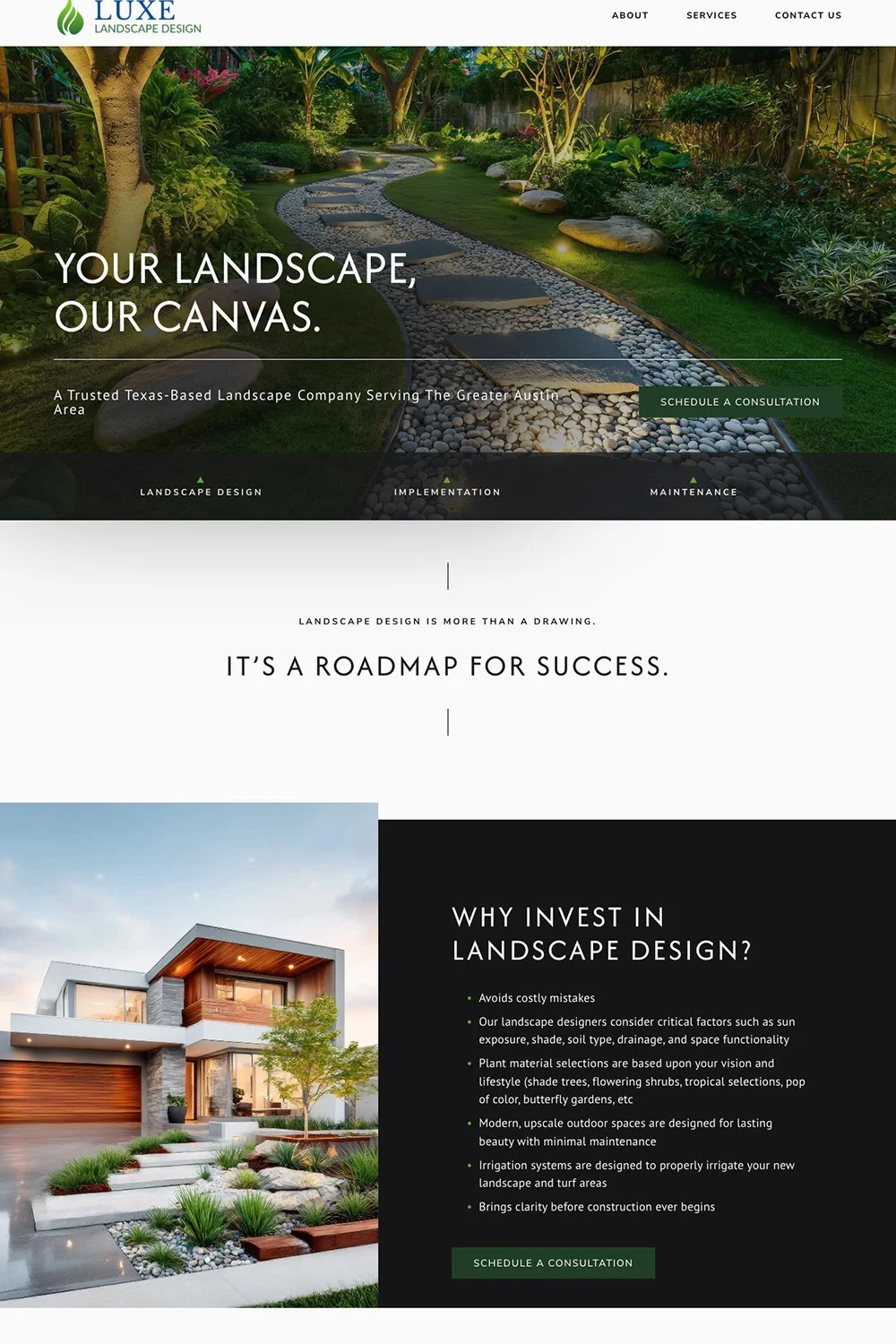 Homepage of Luxe Landscape Design website featuring a lush backyard with a stone pathway, trees, and greenery, with text overlay and navigation menu at the top.