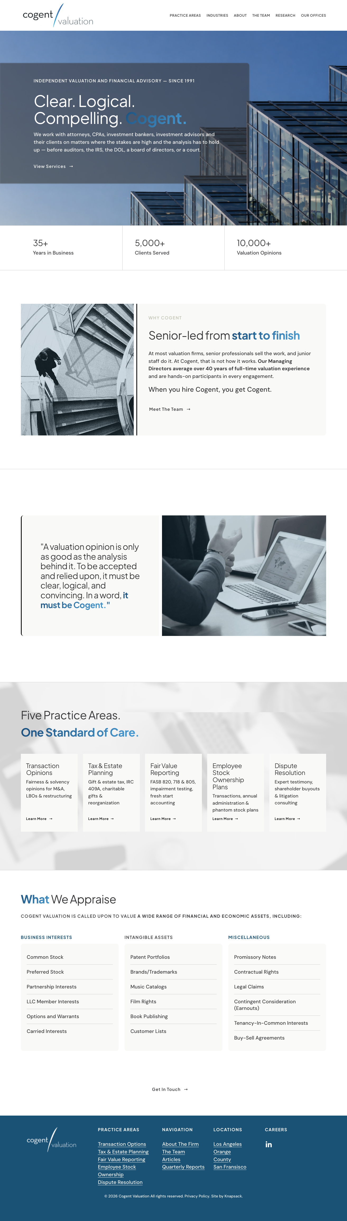Homepage of Cogent Valuation showing company information, service areas, team overview, practice areas, industries, and contact details.