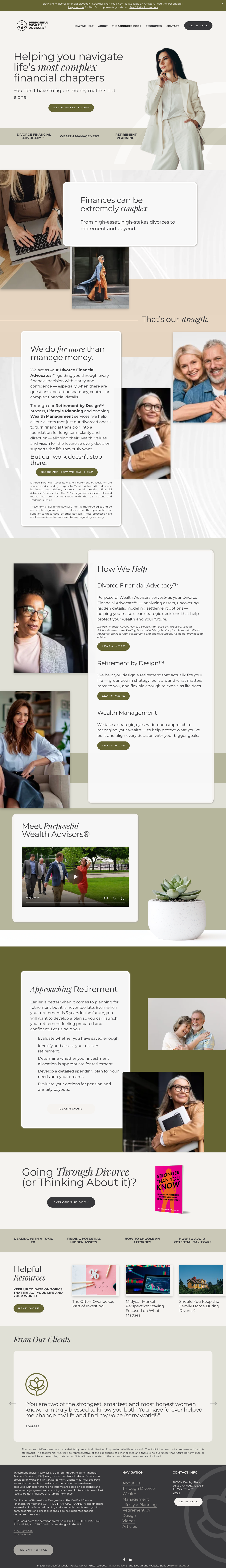 A screenshot of a financial advisory service website featuring images of diverse people, sections on financial planning, retirement, wealth management, and resources, with a modern, organized layout and a green, white, and beige color scheme.