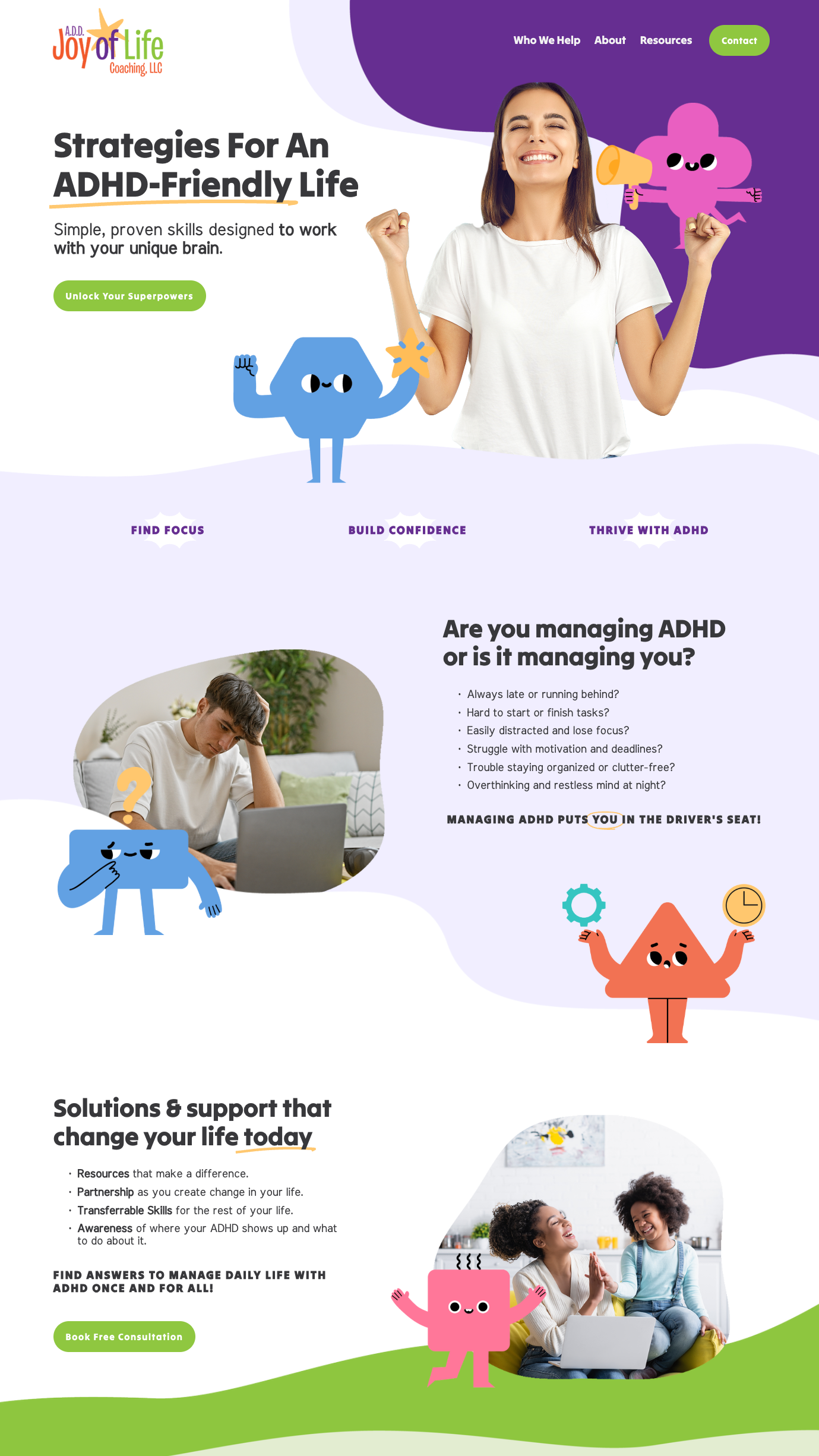 Homepage of Joy of Life Coaching LLC promoting strategies for an ADHD-friendly life, featuring a smiling woman with animated colorful characters and sections about managing ADHD, solutions, and support.