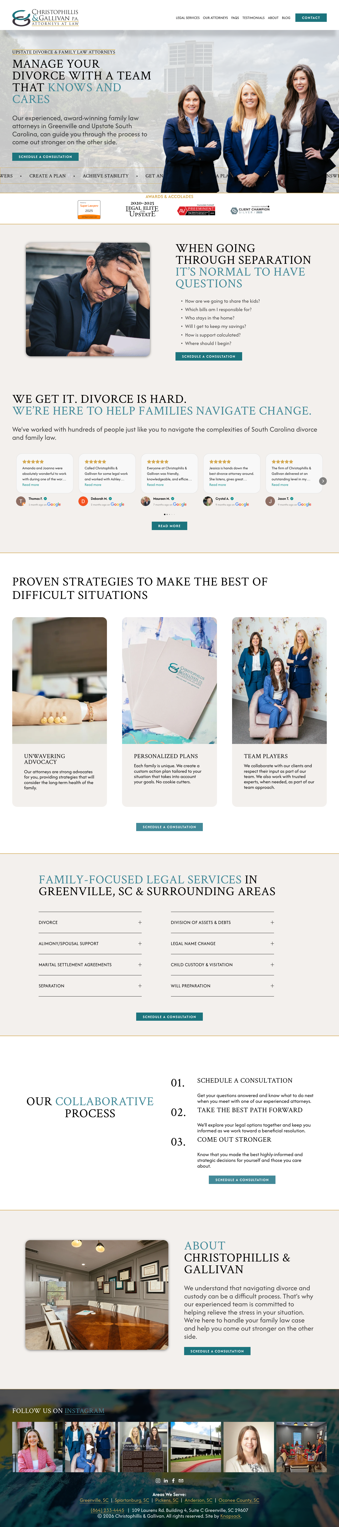 Website homepage for a law firm specializing in family law and divorce services, featuring an image of three professional women in suits smiling, and sections about legal services, consultation scheduling, and firm information.