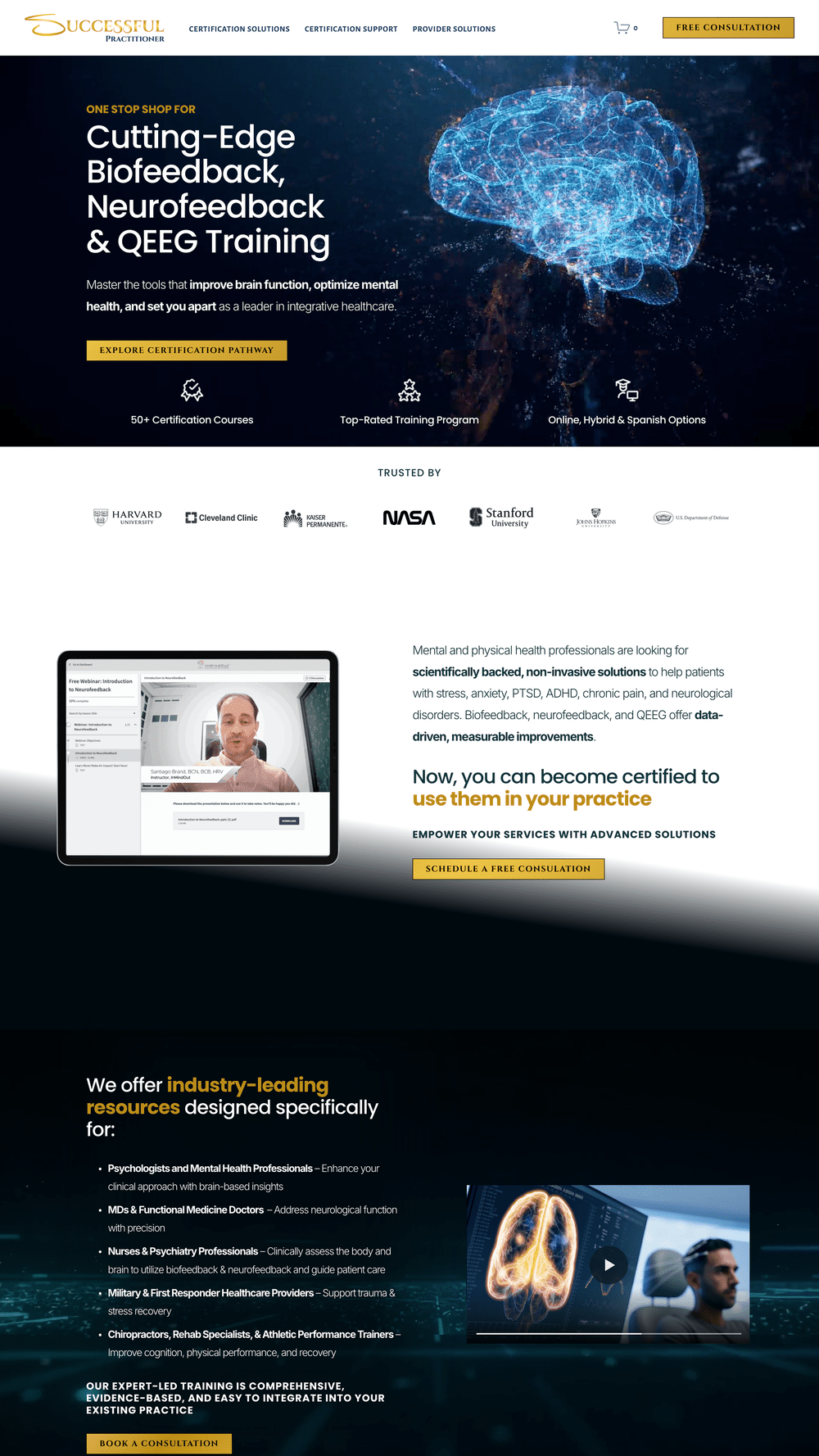 A website homepage for a healthcare education platform specializing in brain function training with a digital brain image and text about certification programs, trust logos, and online resources.