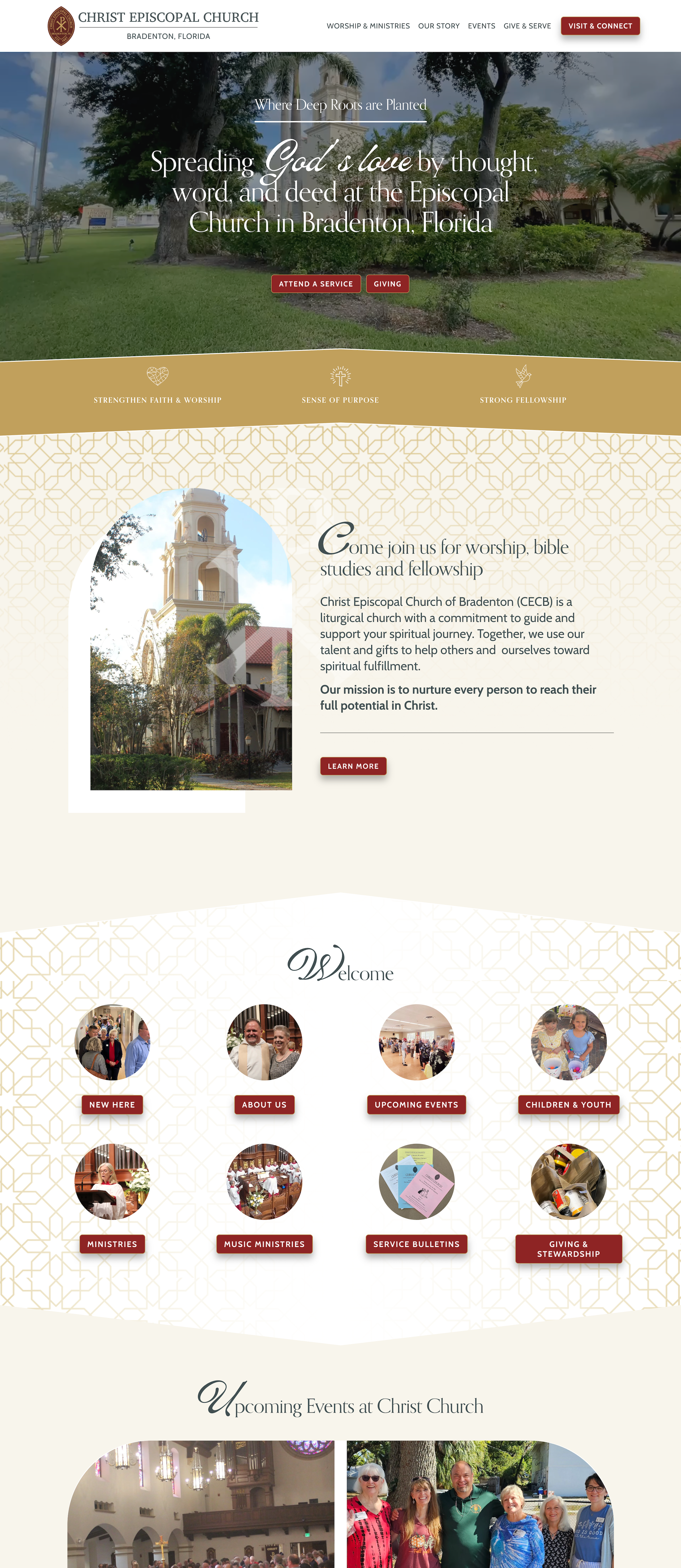 Homepage of Christ Episcopal Church in Bradenton, Florida, featuring an outdoor scene with trees and church building, church services, and events.