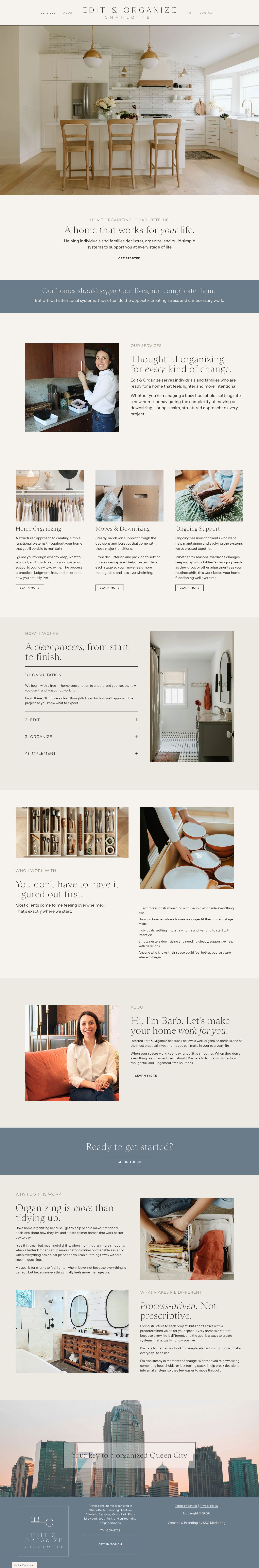 A webpage from a home organizing service with images of a kitchen, a woman organizing a closet, a bathroom, a woman and her home, and city skyline with text about organizing and home organization services.