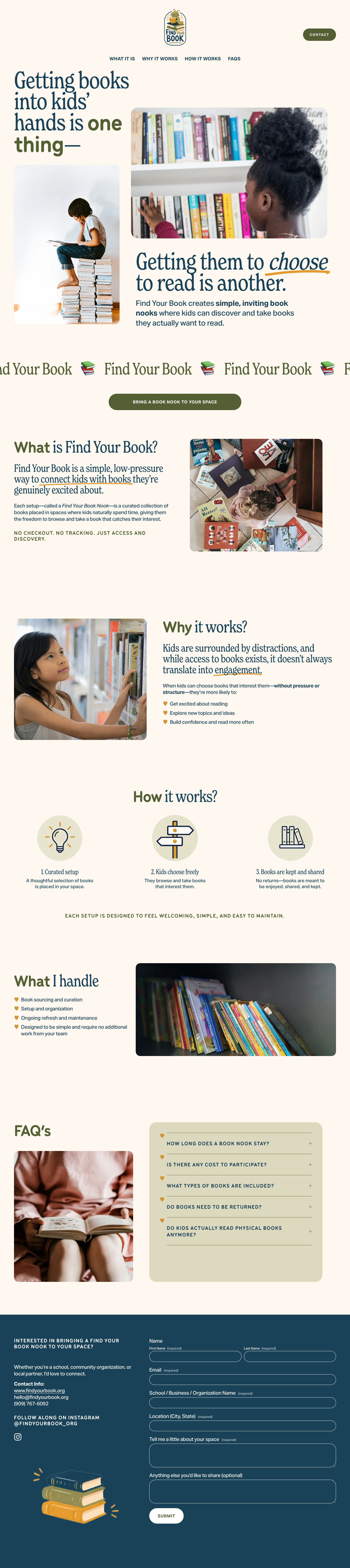 A website explaining how to encourage kids to read books through a program called Find Your Book, with images of children reading and bookshelves, and sections detailing the program's purpose, process, benefits, and FAQ.