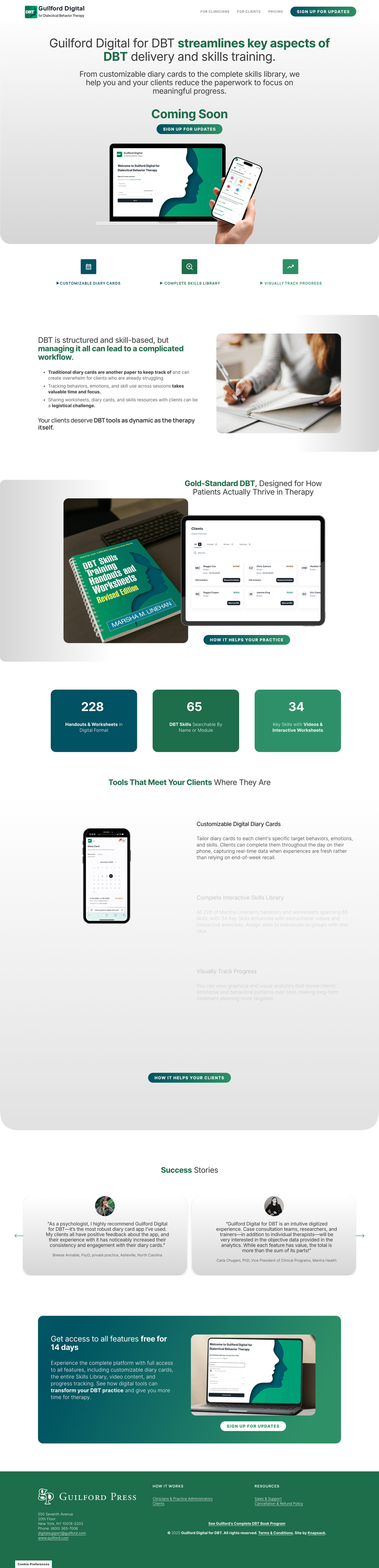 A digital infographic advertisement for Guilford Digital, highlighting its upcoming features for DBT skills training, including customizable digital diary cards, skills library, and progress tracking. The image shows a laptop, smartphone, a book, and icons representing the features, with sections explaining the benefits and success stories from users.