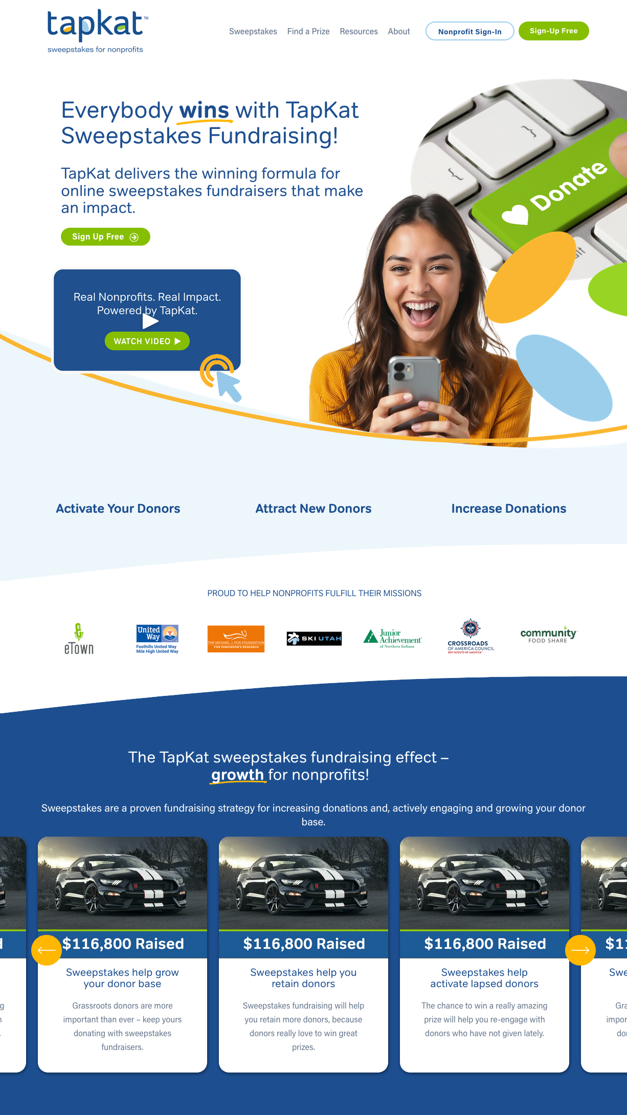 Webpage promoting TapKat sweepstakes fundraising platform with a smiling woman using her phone, green donate button, keyboard, and various nonprofit logos under a blue section about fundraising benefits.