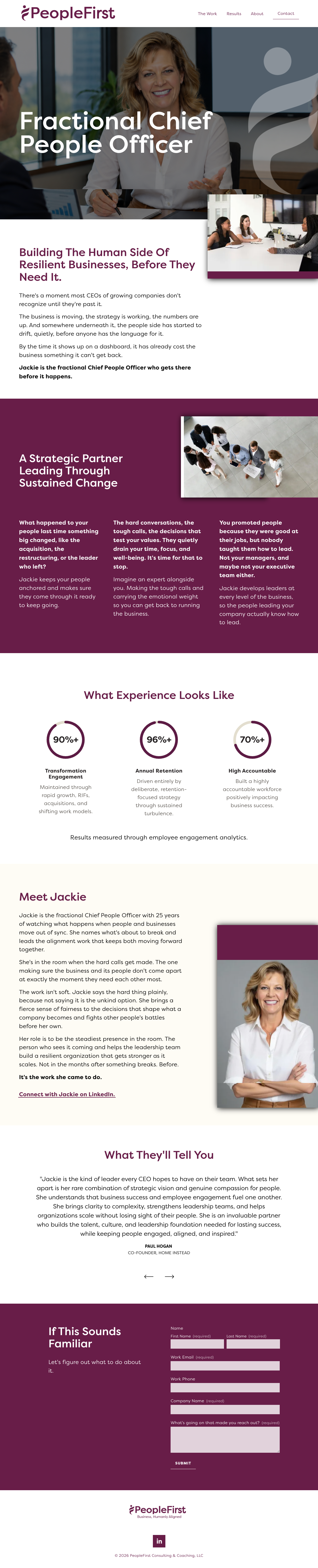 A professional webpage for PeopleFirst featuring Jackie, the fractional Chief People Officer. The page includes images of a woman speaking and a team meeting, with sections about Jackie’s role, experience, and client testimonials, all on a white and purple-themed background.