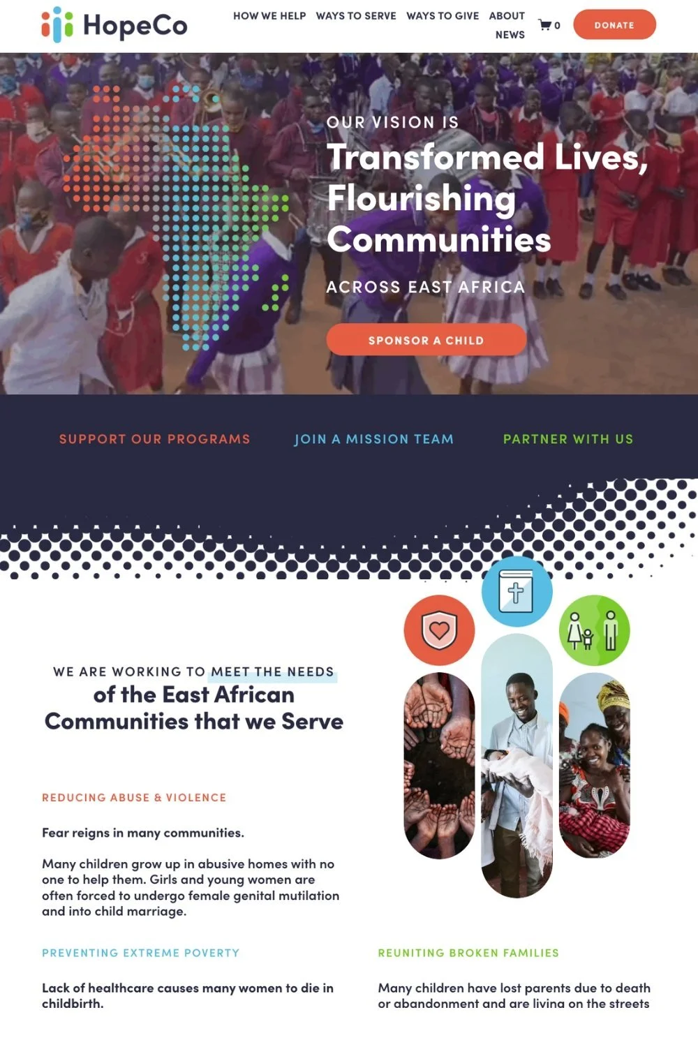 HopeCo website homepage featuring a background image of children in uniforms, overlayed with a colorful map of Africa, and text about transforming lives and flourishing communities across East Africa, with donation and program support options.