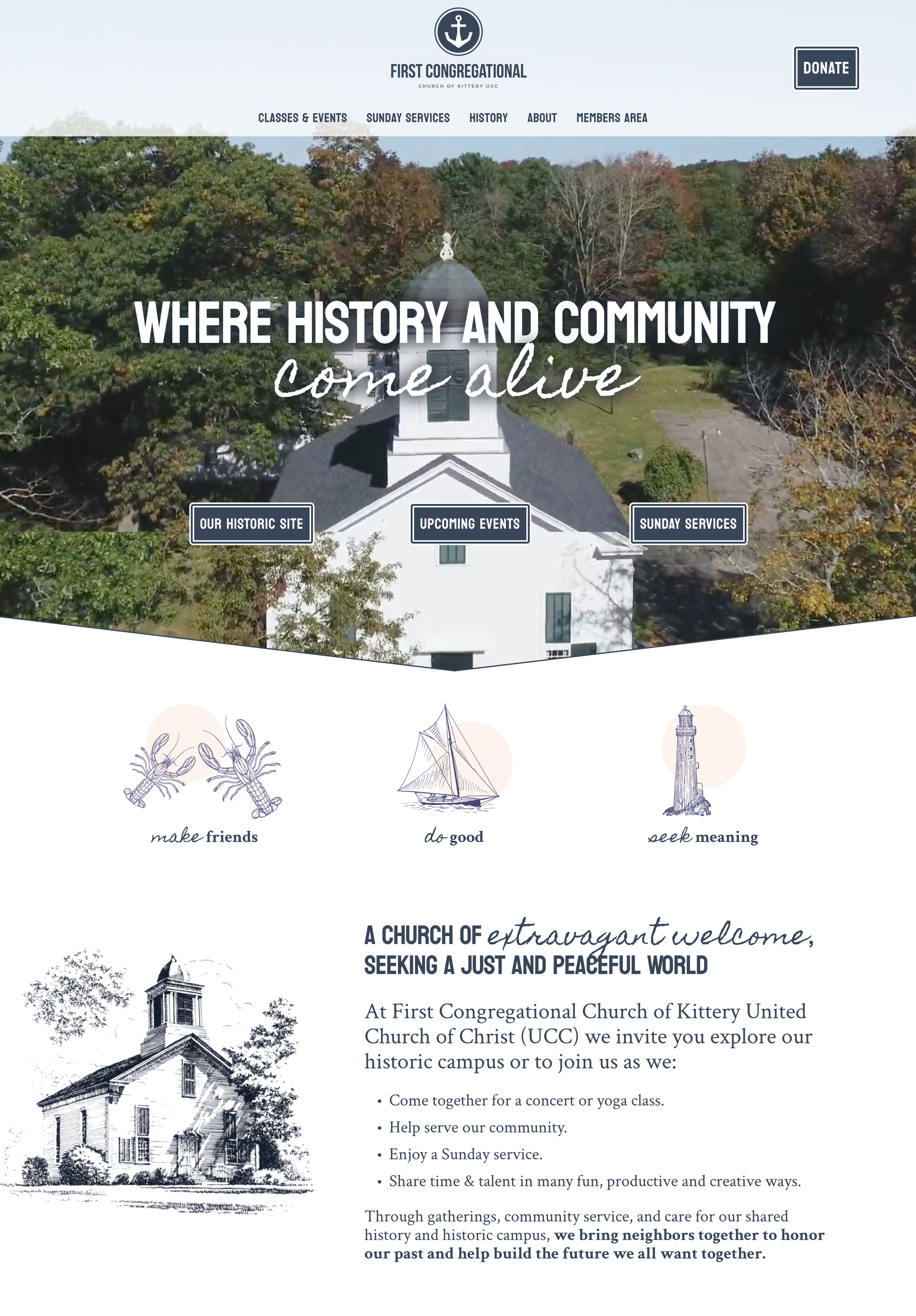 Screenshot of the First Congregational Church of Kittery United Church of Christ homepage showing a church building, navigation menu, donation button, event and activity links, and church values.