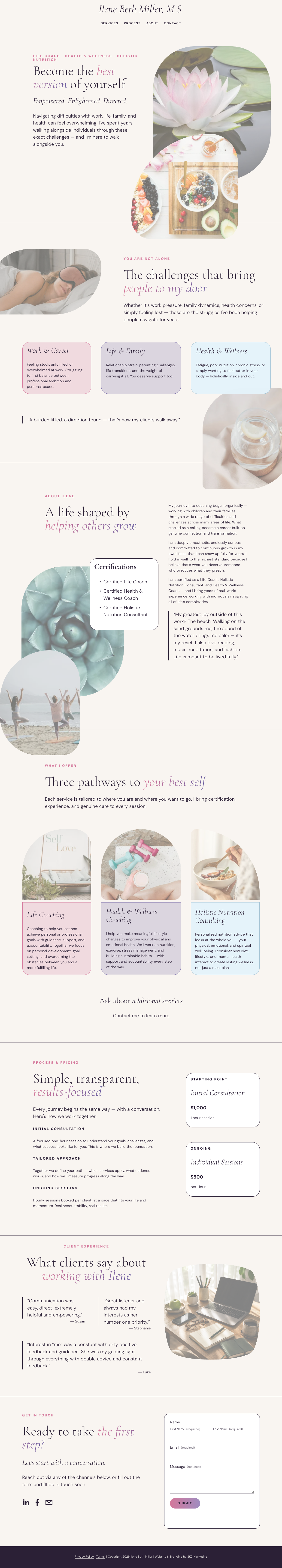 A wellness and holistic health website featuring sections on personal growth, challenges, certifications, services, and client testimonials, with images of lotus flowers, a person relaxing, and wellness products.