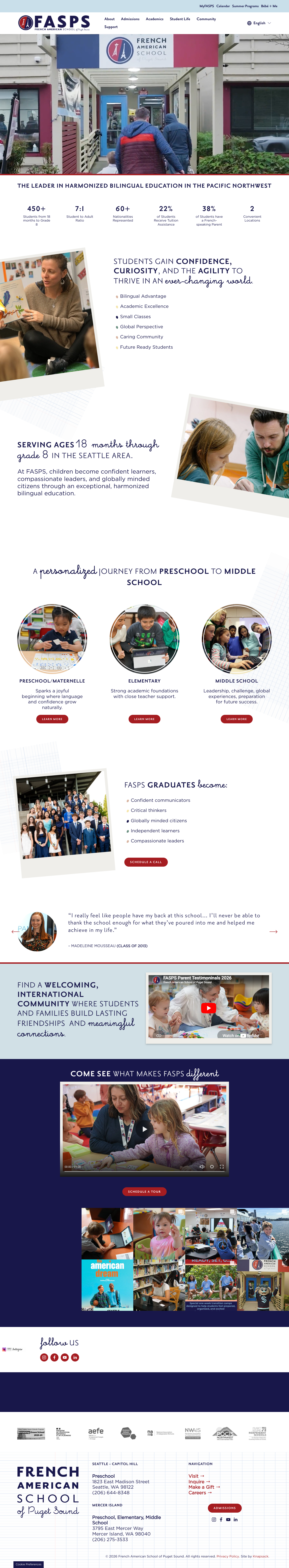 A webpage for French American School of Puget Sound featuring images of students and the school entrance, with information about bilingual education, student confidence, and school programs for preschool to middle school students.