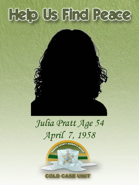 April 7, 1958-Julia Pratt was located with blunt force trama to her head at Sally's Store in Ocklawaha, Fl. If you have any information regarding this case, call (352) 369-6831. You may also remain anonymous by contacting CrimeStoppers at (352) 368-STOP.