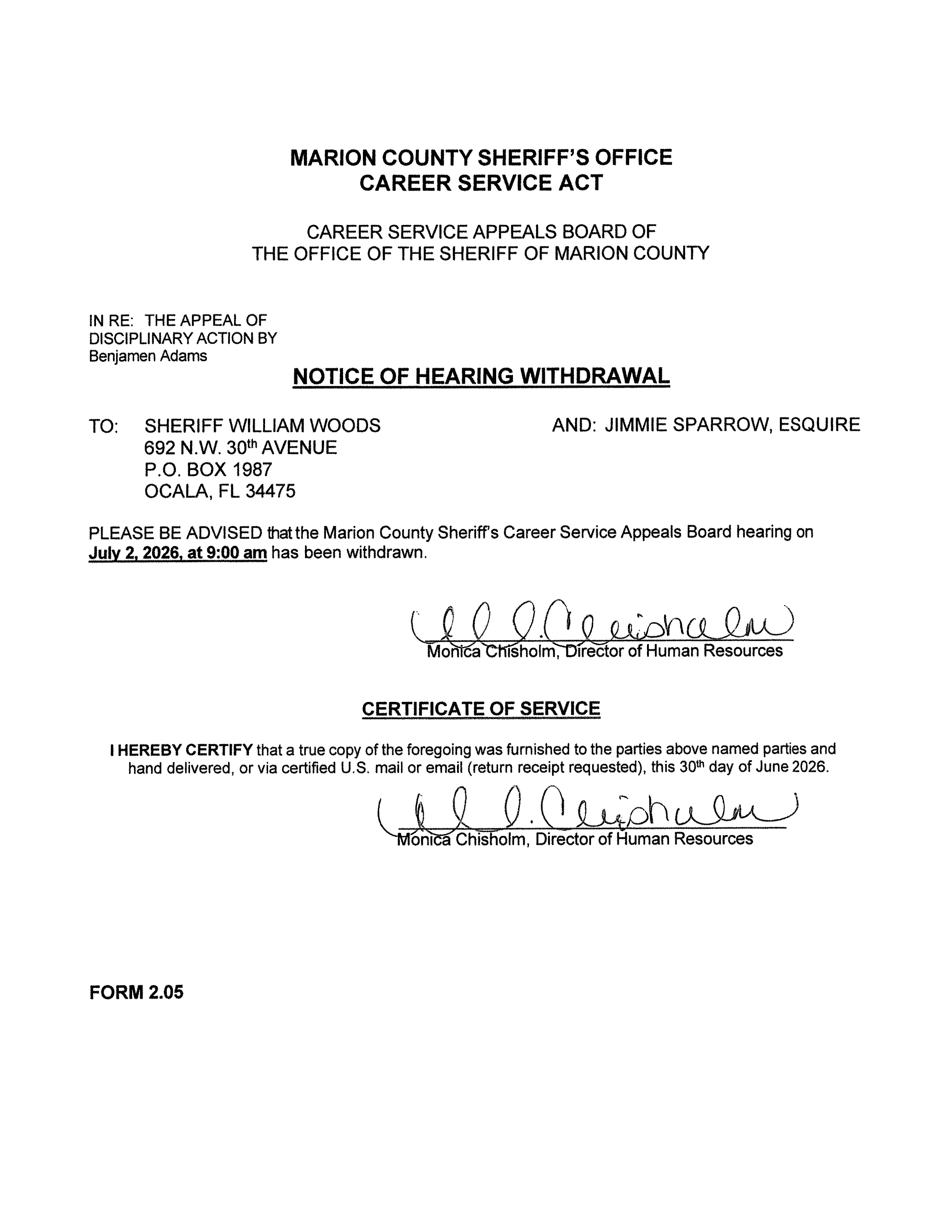 Adams, Benjamen - Form 2.05 - Notice of Hearing Withdrawal.png
